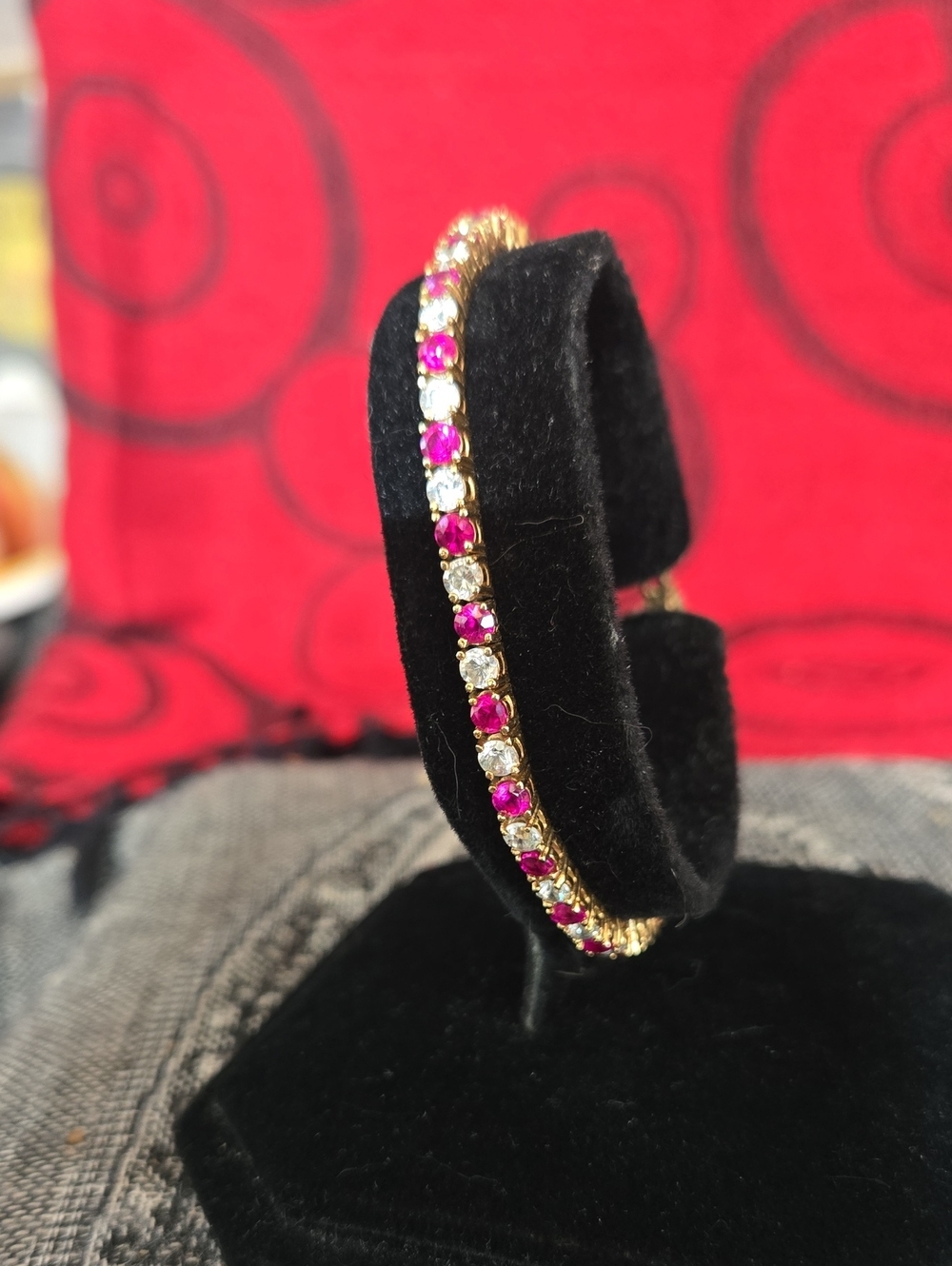 Faux ruby/diamond Tennis Bracelet, 7", gold tone setting